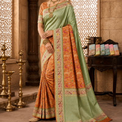 Palmera Premium Peach Soft Silk Saree with Floral Woven Design