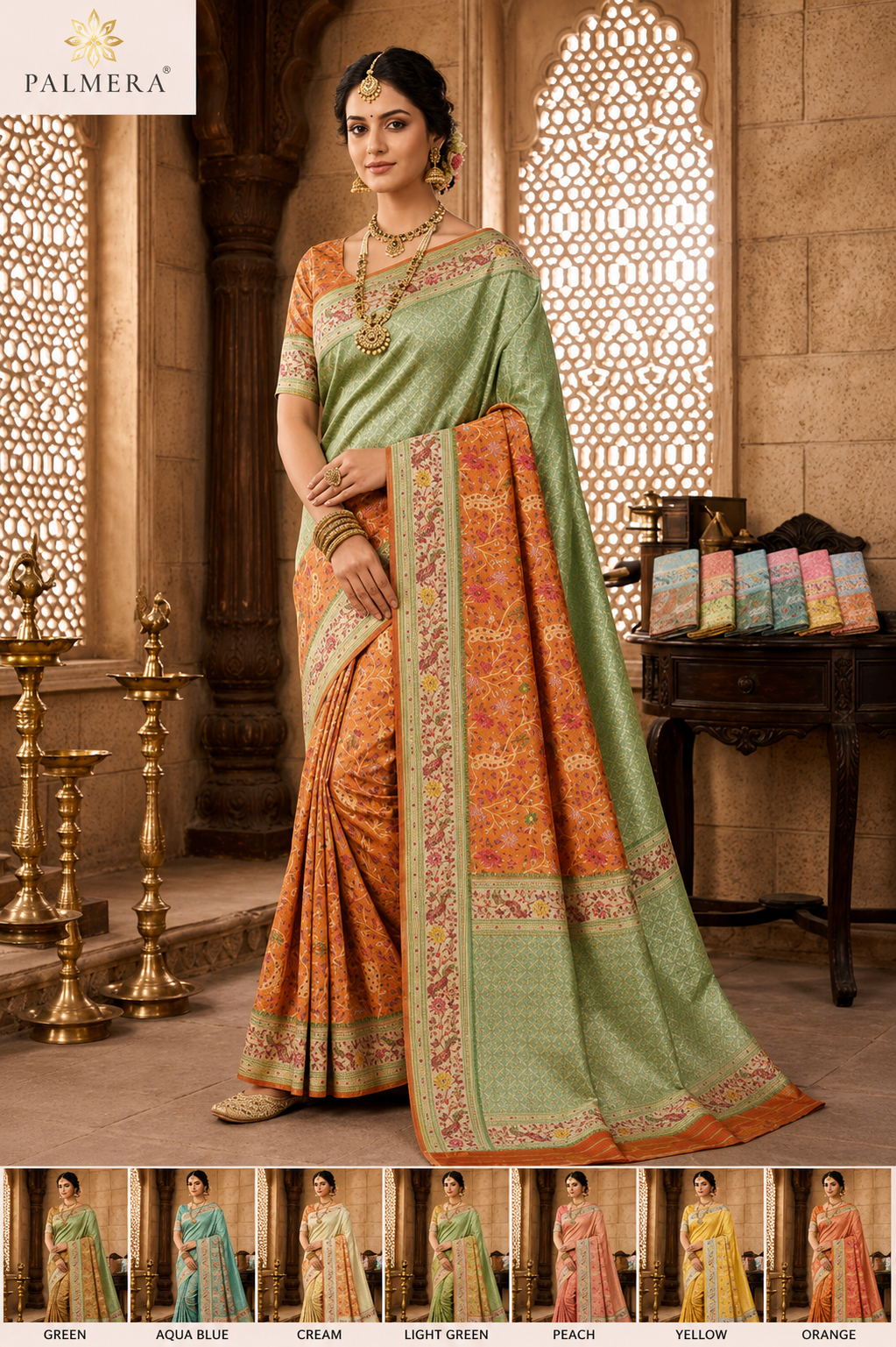 Palmera Premium Peach Soft Silk Saree with Floral Woven Design