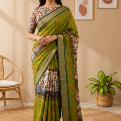 Palmera Riwa Premium Soft Silk Printed Saree – Green