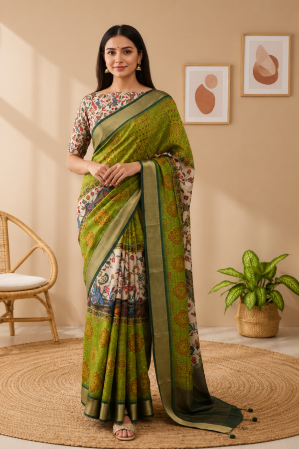 Palmera Riwa Premium Soft Silk Printed Saree – Green