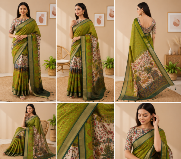 Palmera Riwa Premium Soft Silk Printed Saree – Green