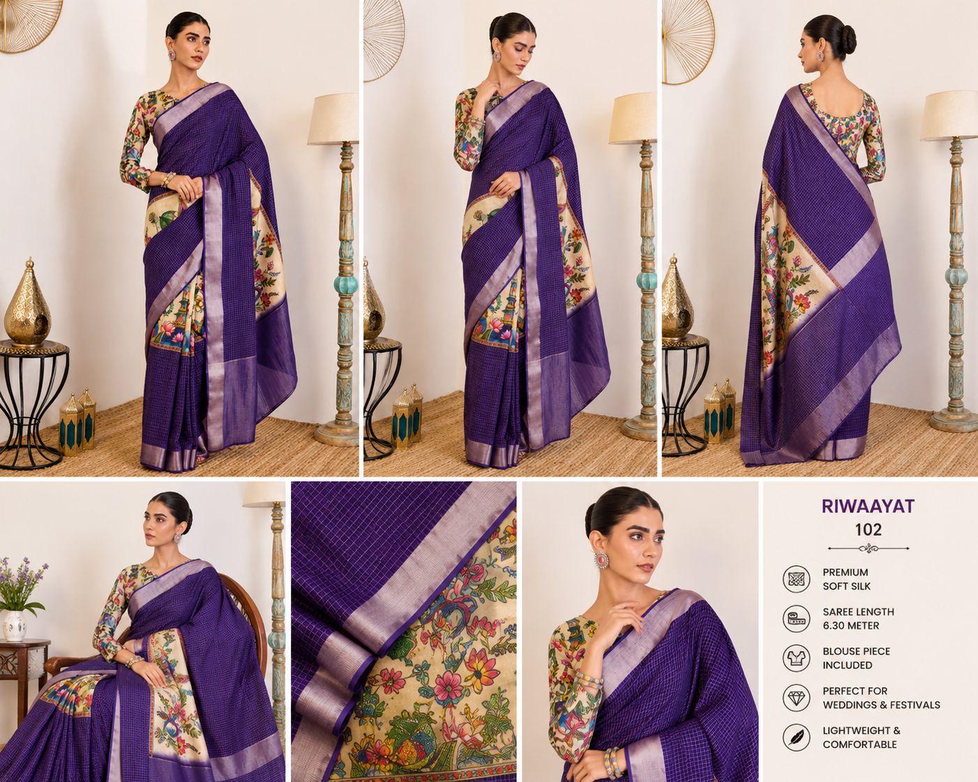 Palmera Riwaayat 102 Premium Soft Silk Printed Saree – Purple - Image 2