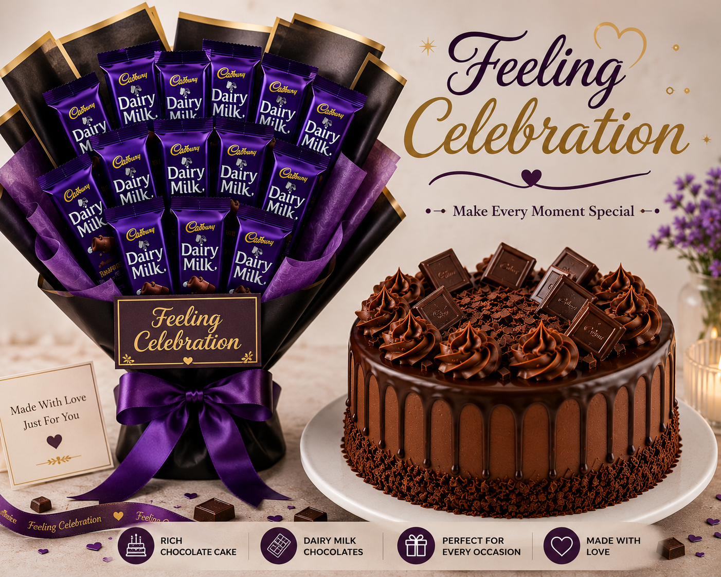 Dairy Milk Chocolate Bouquet & Chocolate Cake Combo - Image 2