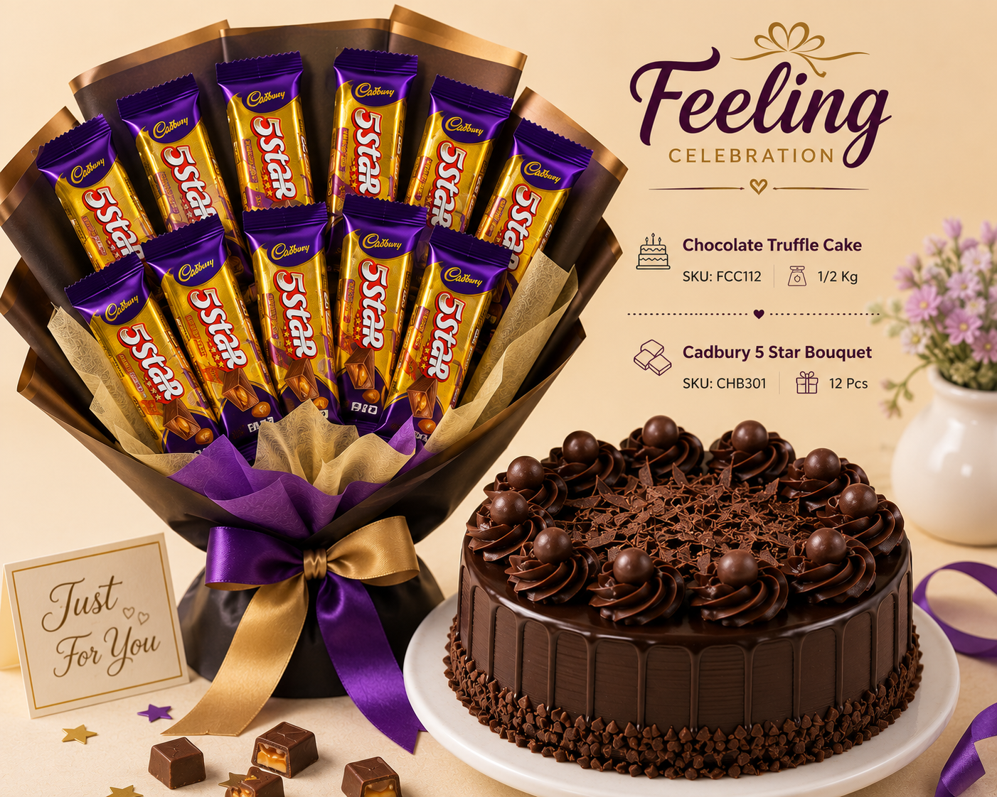 ChatGPT Image Jul 26, 2026, 08_39_56 PM Chocolate Truffle Cake with Cadbury 5 Star Chocolate Bouquet