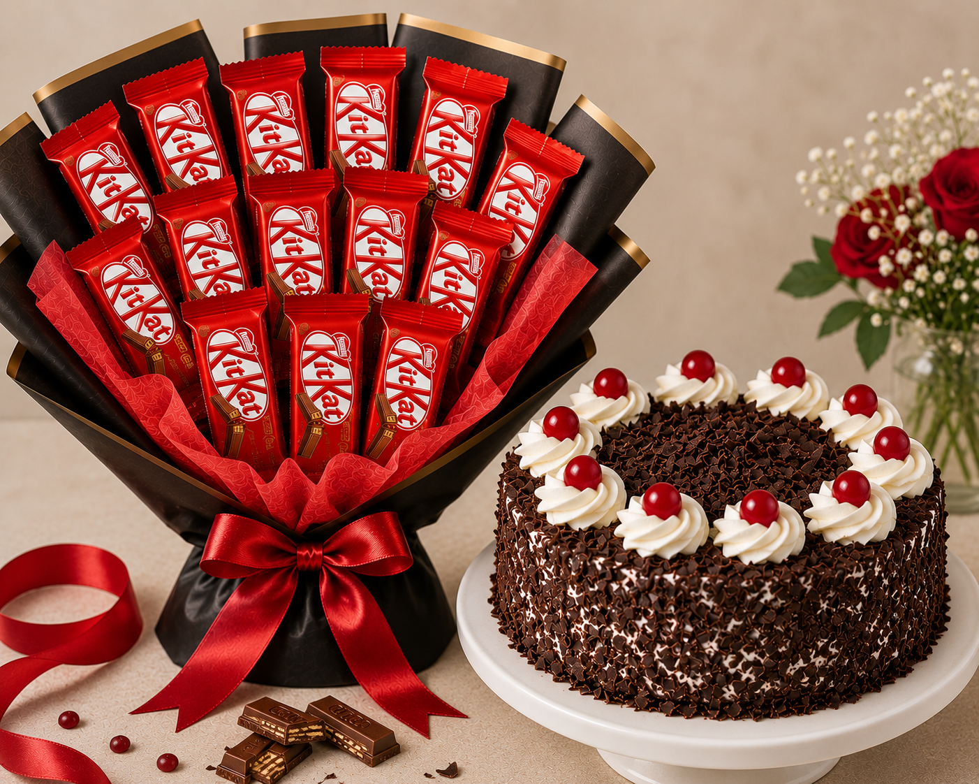 Black Forest Cake with KitKat Chocolate Bouquet