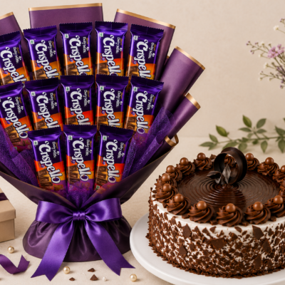 Chocolate Cake with Cadbury Dairy Milk Crispello Chocolate Bouquet