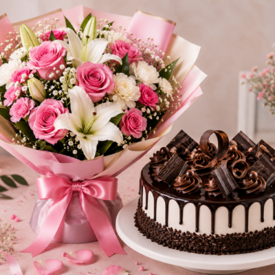 Pink Rose & Lily Bouquet with Chocolate Cake