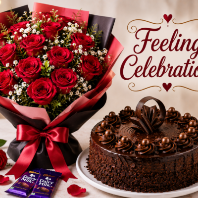 Chocolate Truffle Cake with Red Rose Bouquet