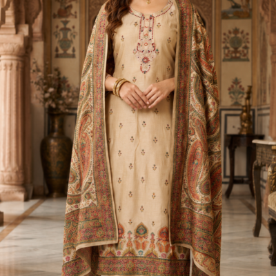 Beige Embroidered Cotton Kurta Pant with Printed Dupatta for Women
