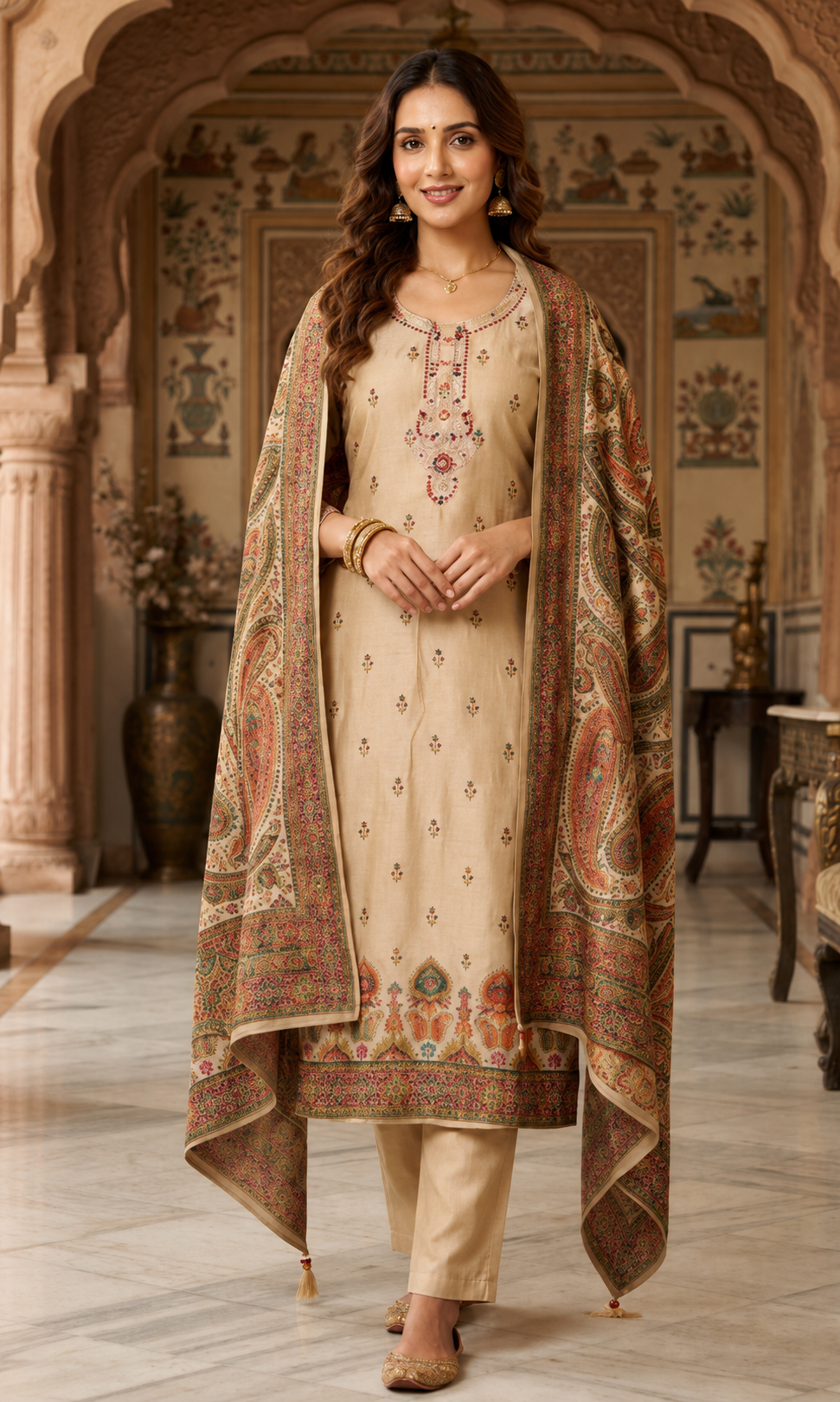 ChatGPT Image Jul 27, 2026, 06_50_59 PM Beige Embroidered Cotton Kurta Pant with Printed Dupatta for Women