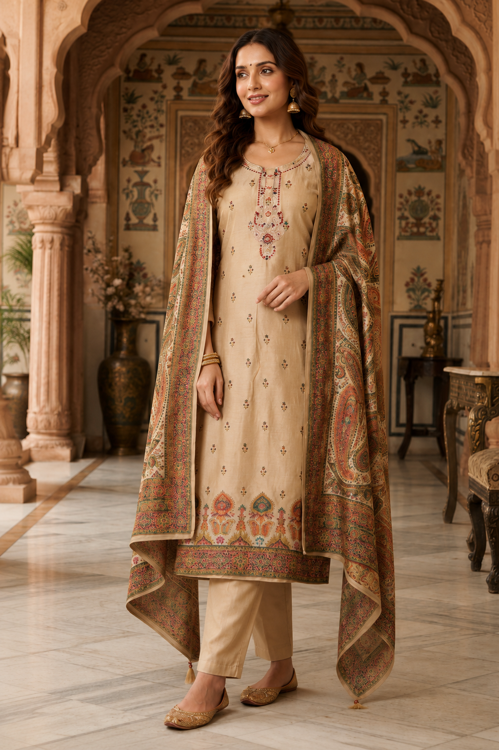 ChatGPT Image Jul 27, 2026, 06_59_41 PM Beige Embroidered Cotton Kurta Pant with Printed Dupatta for Women - Image 2