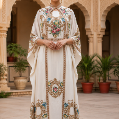 Premium White Floral Printed Kaftan Style Ethnic Dress for Women