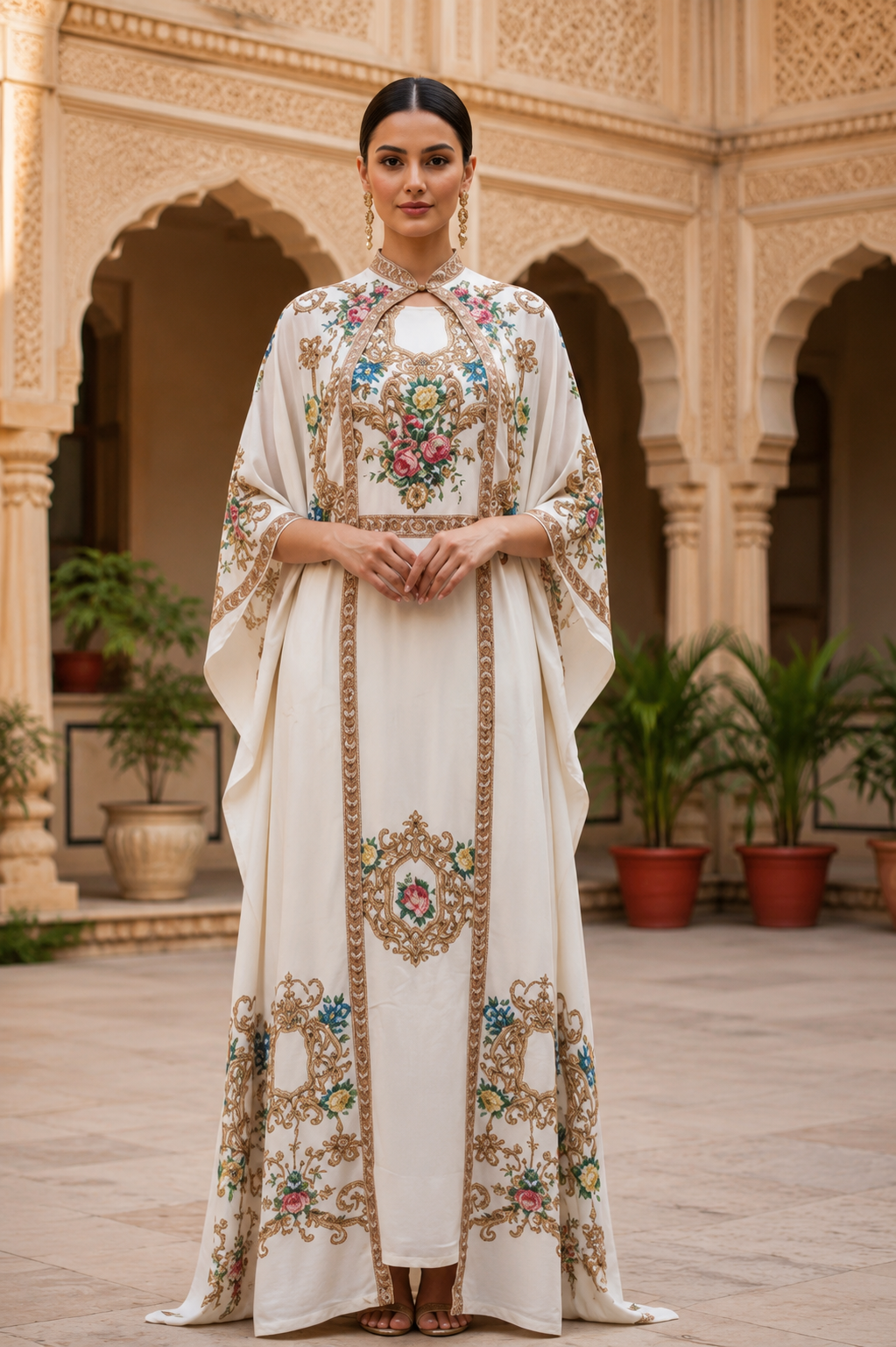 Premium White Floral Printed Kaftan Style Ethnic Dress for Women