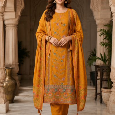 Mustard Embroidered Cotton Kurta Pant Set with Printed Dupatta for Women