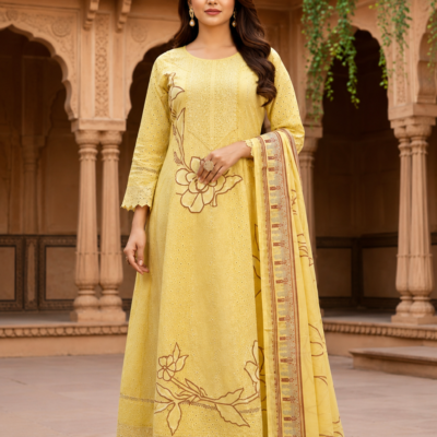 Pastel Yellow Embroidered Anarkali Kurta Set with Printed Dupatta for Women