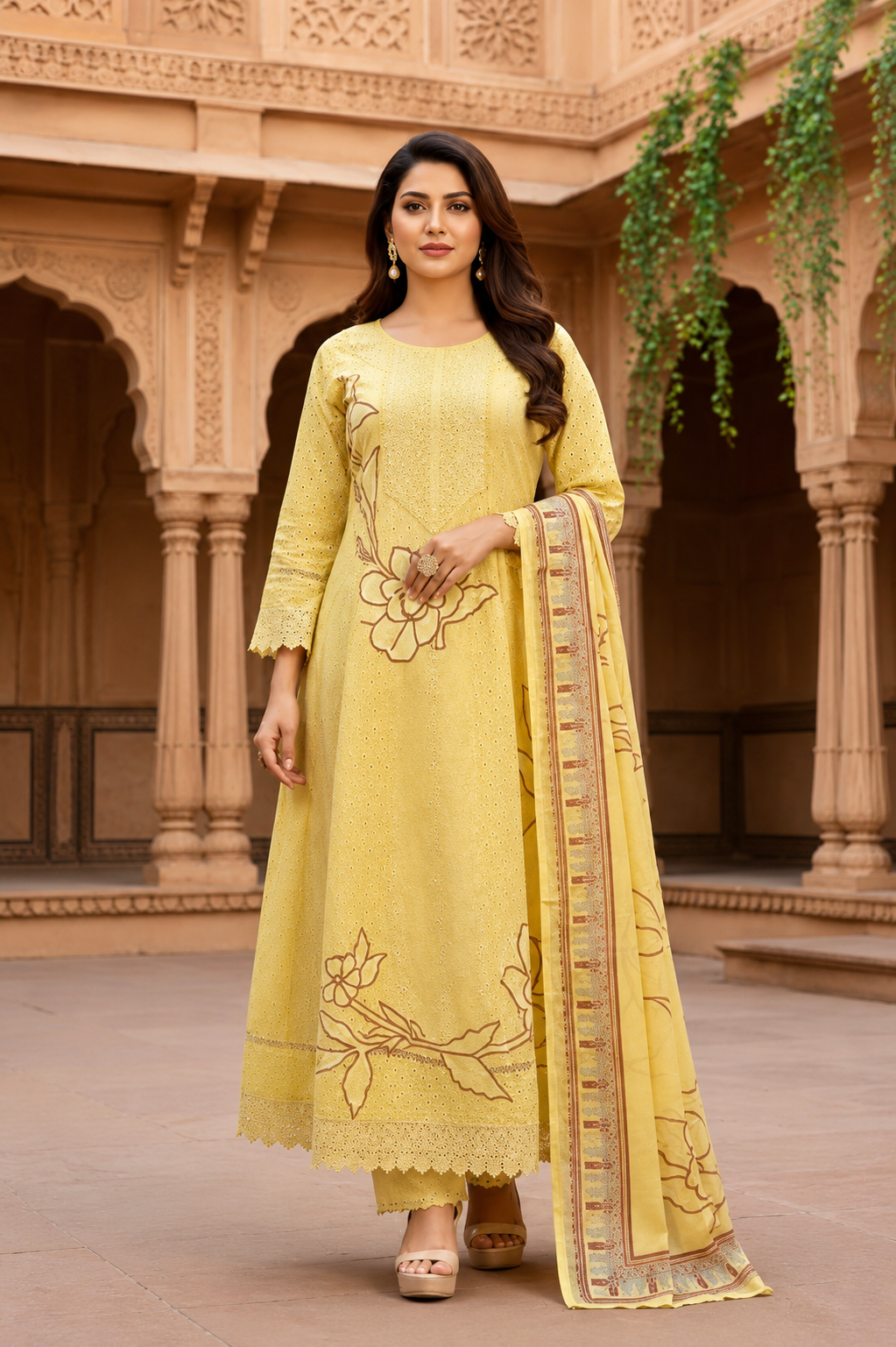 Pastel Yellow Embroidered Anarkali Kurta Set with Printed Dupatta