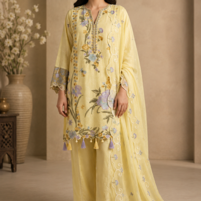 Pastel Yellow Floral Embroidered Kurta Pant Set with Designer Dupatta for Women