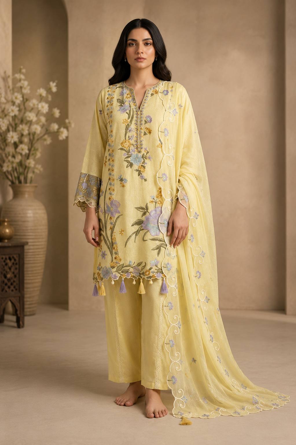 Pastel Yellow Floral Embroidered Kurta Pant Set with Designer Dupatta for Women, Pastel Yellow Embroidered Kurta Set