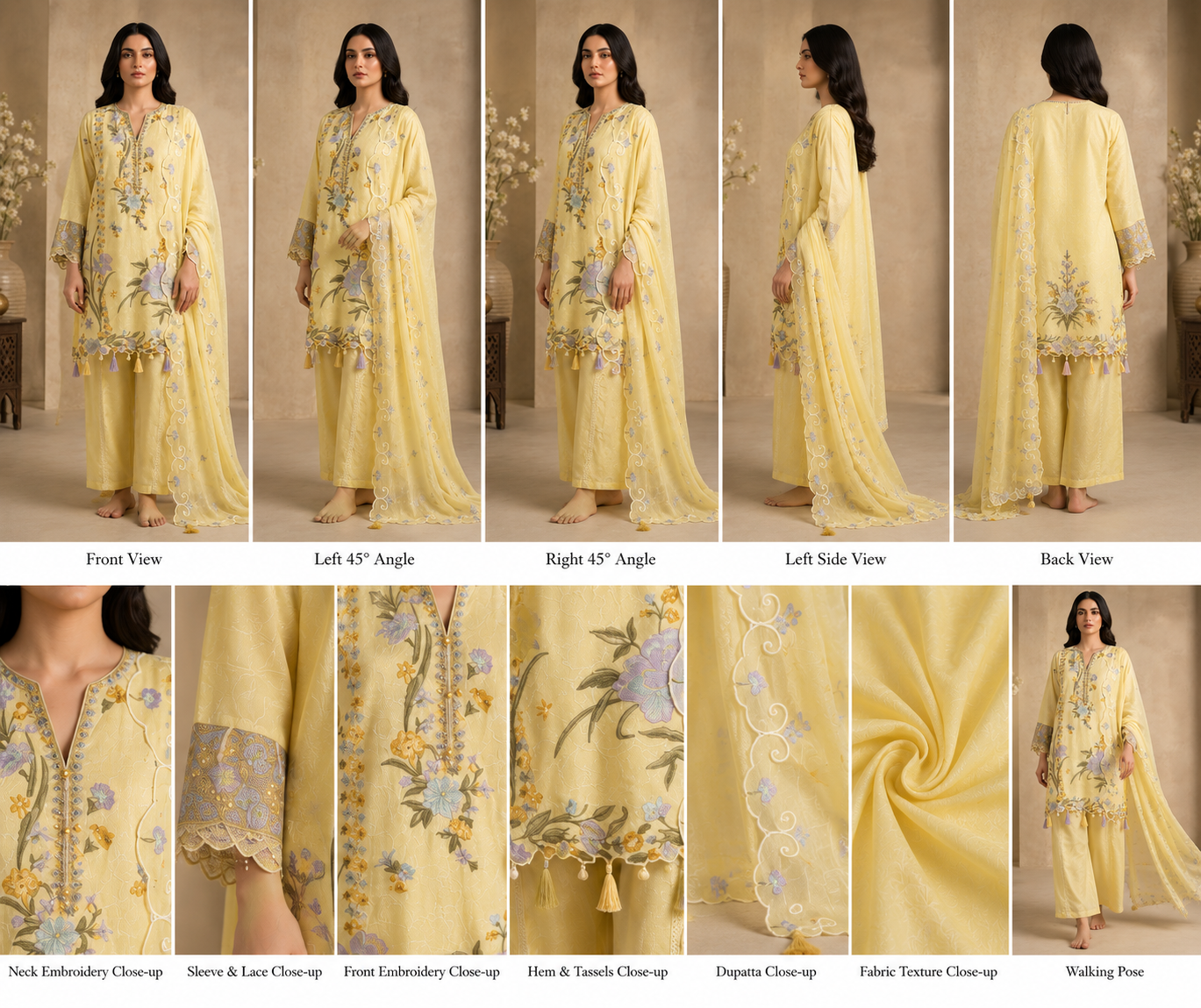 Pastel Yellow Floral Embroidered Kurta Pant Set with Designer Dupatta for Women - Image 2