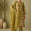Olive Green Floral Embroidered Kurta Pant Set with Designer Organza Dupatta for Women