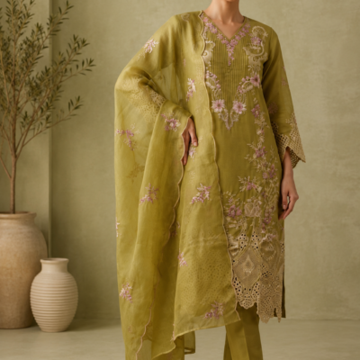 Olive Green Floral Embroidered Kurta Pant Set with Designer Organza Dupatta for Women