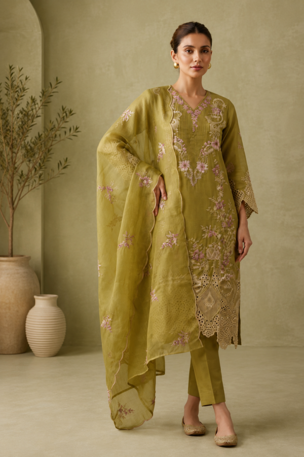 Olive Green Floral Embroidered Kurta Pant Set with Designer Organza Dupatta for Women