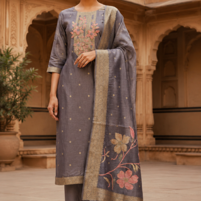 Grey Floral Embroidered Kurta Pant Set with Designer Dupatta for Women