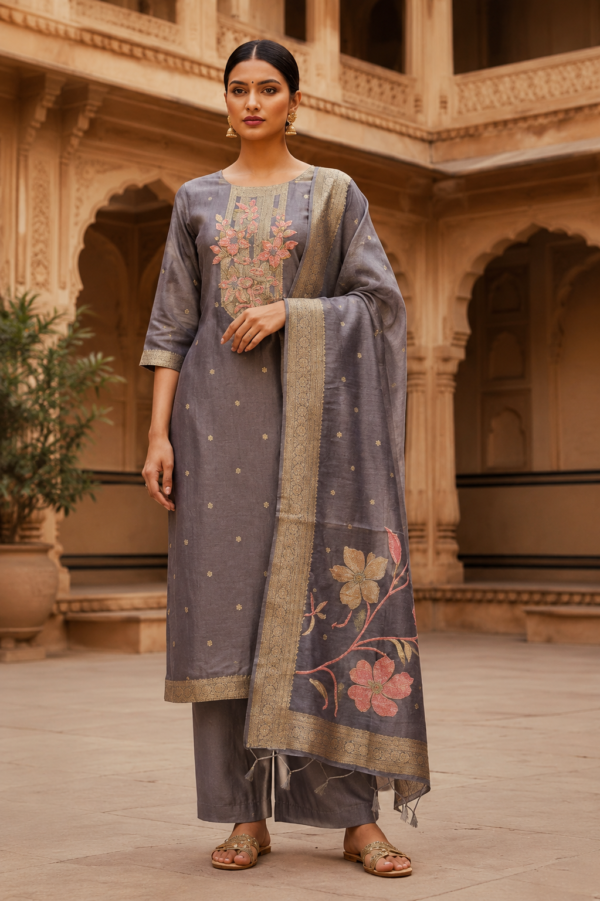 ChatGPT Image Jul 27, 2026, 07_59_11 PM Grey Floral Embroidered Kurta Pant Set with Designer Dupatta for Women