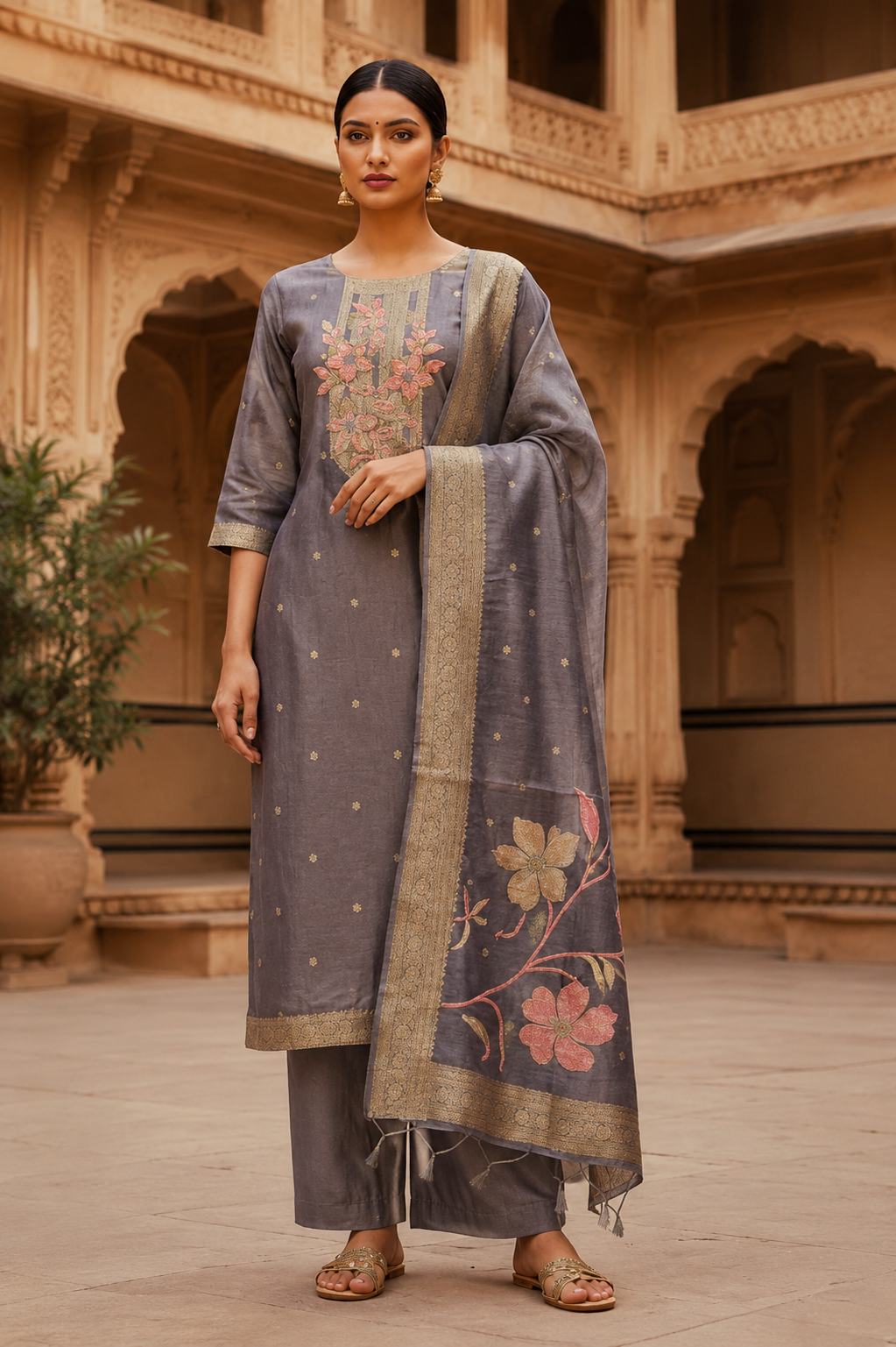 ChatGPT Image Jul 27, 2026, 07_59_11 PM Grey Floral Embroidered Kurta Pant Set with Designer Dupatta for Women