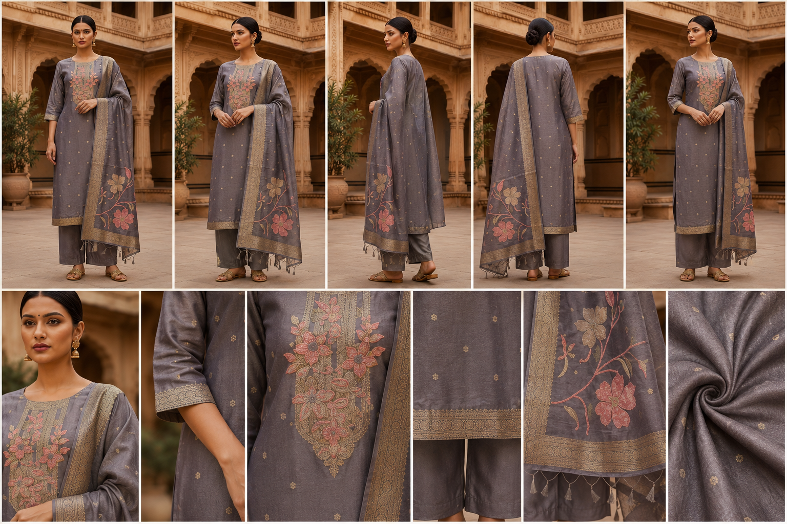 ChatGPT Image Jul 27, 2026, 07_59_21 PM Grey Floral Embroidered Kurta Pant Set with Designer Dupatta for Women - Image 2