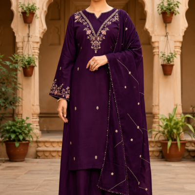 Purple Embroidered Kurta Pant Set with Designer Dupatta for Women