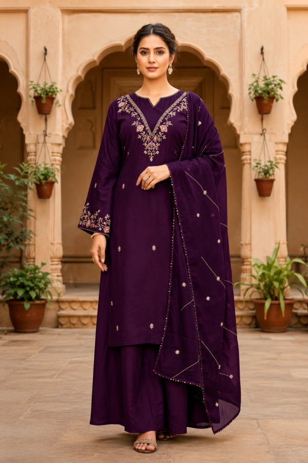 Purple Embroidered Kurta Pant Set with Designer Dupatta for Women