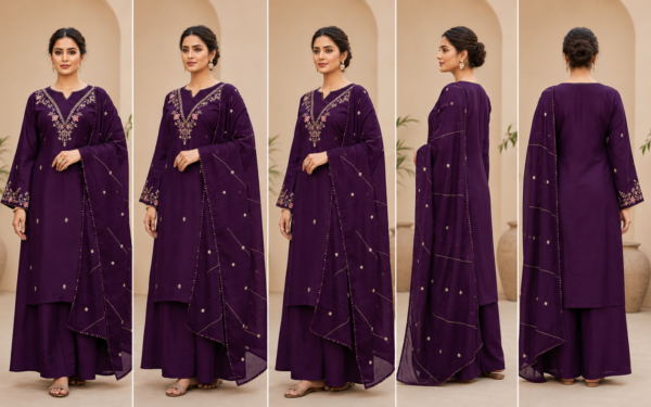 Purple Embroidered Kurta Pant Set with Designer Dupatta for Women