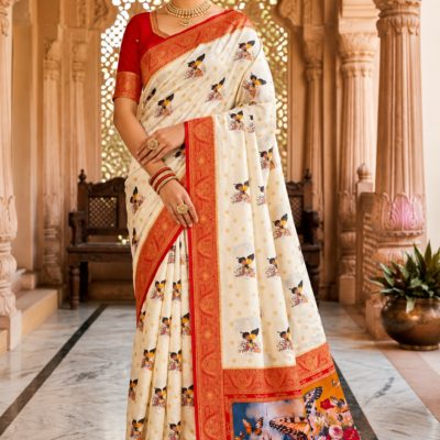 Palmera Cream Floral Designer Saree with Red Border