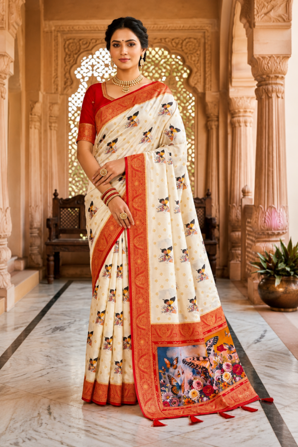 Palmera Cream Floral Designer Saree with Red Border