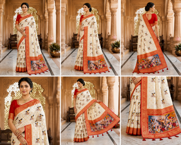 Palmera Cream Floral Designer Saree with Red Border