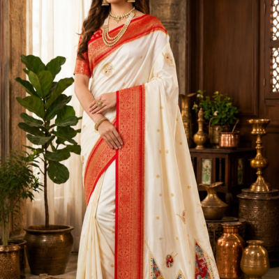Palmera Ivory White Designer Saree with Red Zari Border