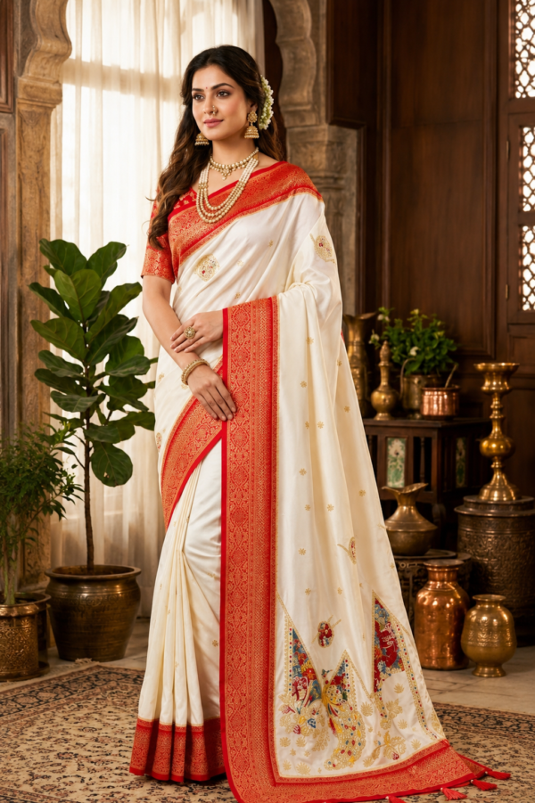Palmera Ivory White Designer Saree with Red Zari Border