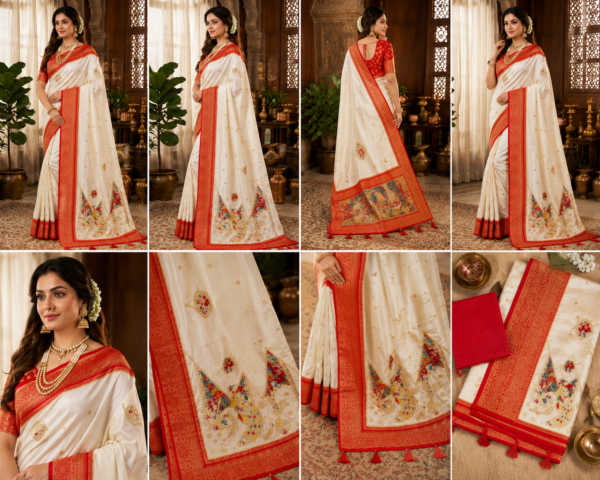 Palmera Ivory White Designer Saree with Red Zari Border