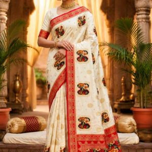 Palmera Cream Floral Designer Saree with Red Border
