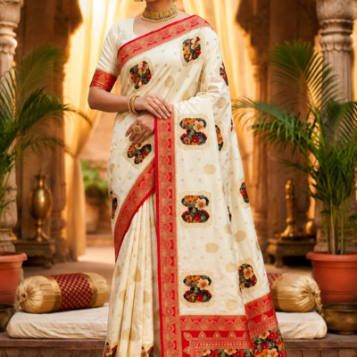 Palmera Cream Floral Designer Saree with Red Border