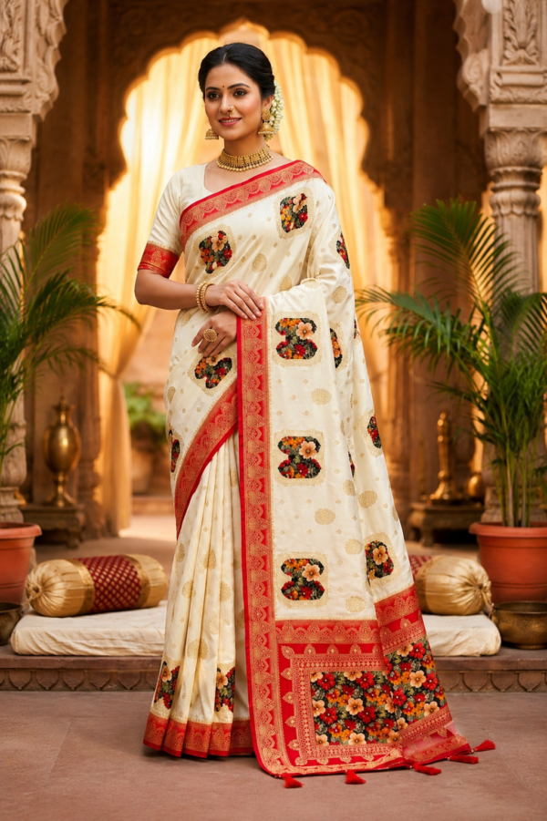Palmera Cream Floral Designer Saree with Red Border