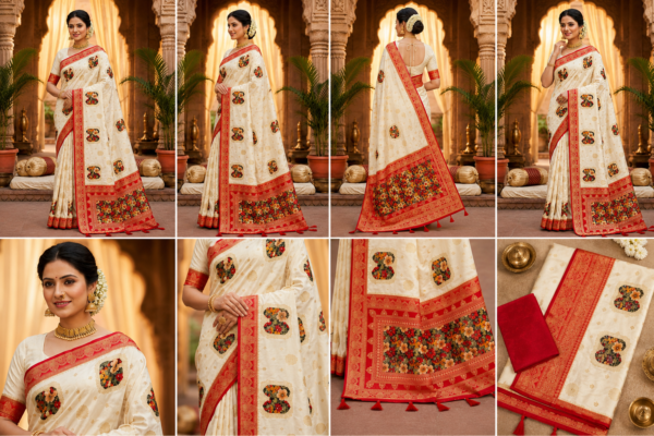 Palmera Cream Floral Designer Saree with Red Border