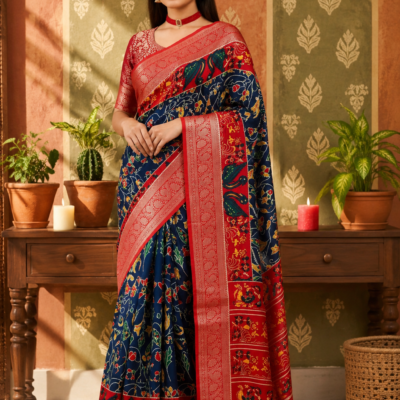 Palmera Navy Blue Floral Designer Saree with Red Border