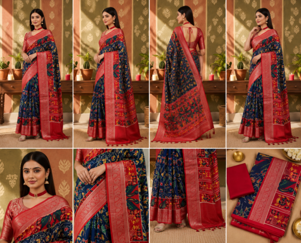 Palmera Navy Blue Floral Designer Saree with Red Border