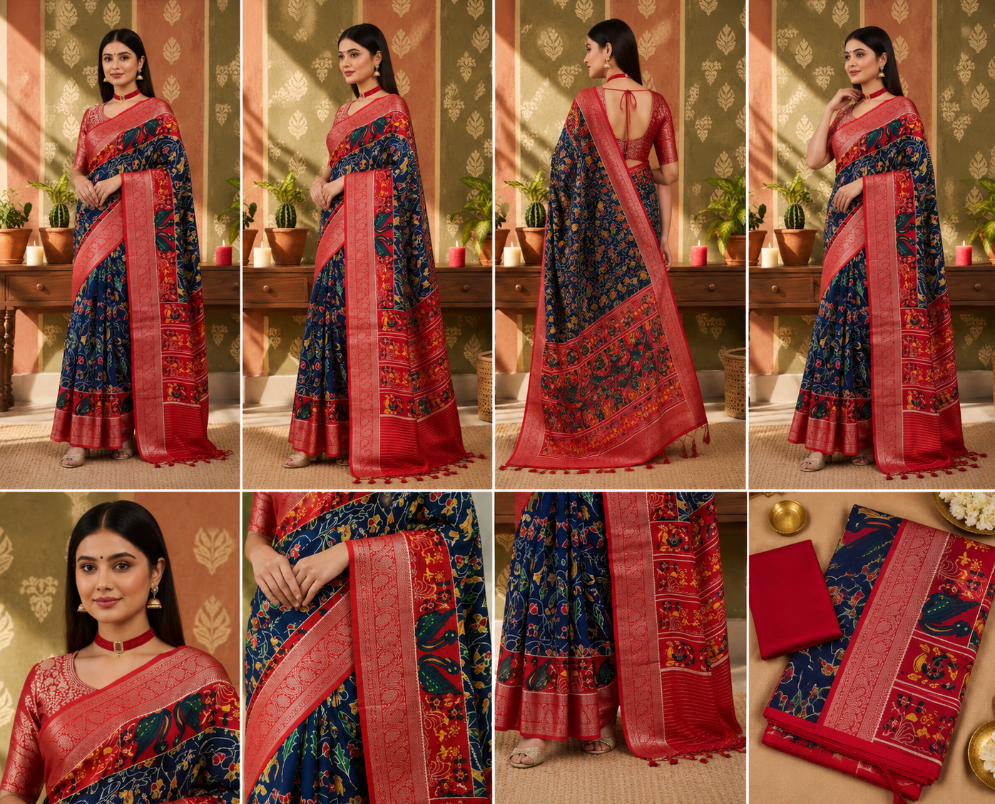 Palmera Navy Blue Floral Designer Saree with Red Border - Image 2