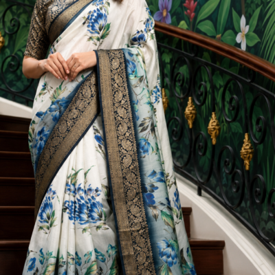Elegant White Floral Printed Saree with Designer Border