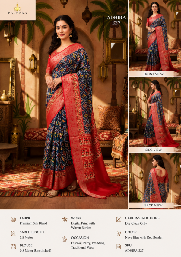 ChatGPT Image Jul 27, 2026, 10_07_50 AM Navy Blue Printed Silk Blend Saree with Red Woven Border