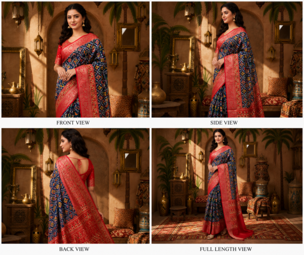 ChatGPT Image Jul 27, 2026, 10_07_56 AM Navy Blue Printed Silk Blend Saree with Red Woven Border