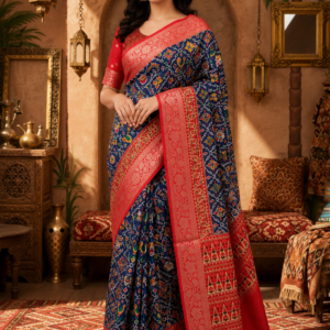 Navy Blue Printed Silk Blend Saree with Red Woven Border